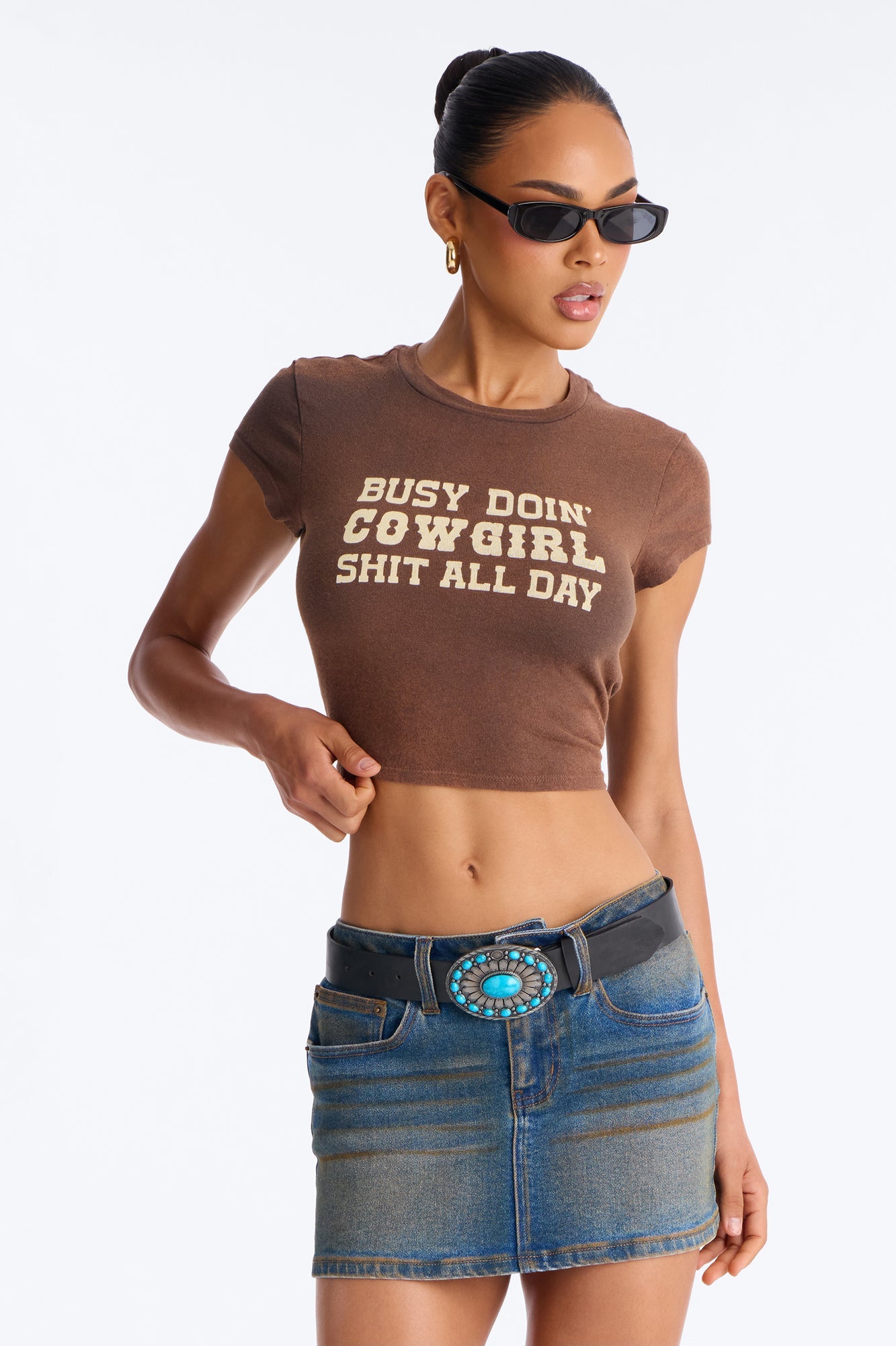 Cowgirl Shit All Day Washed Baby Tee - Brown