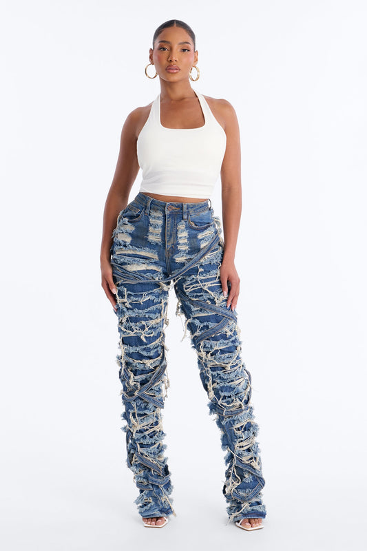 Drop It Down Shredded Straight Leg Jeans - Vintage Wash
