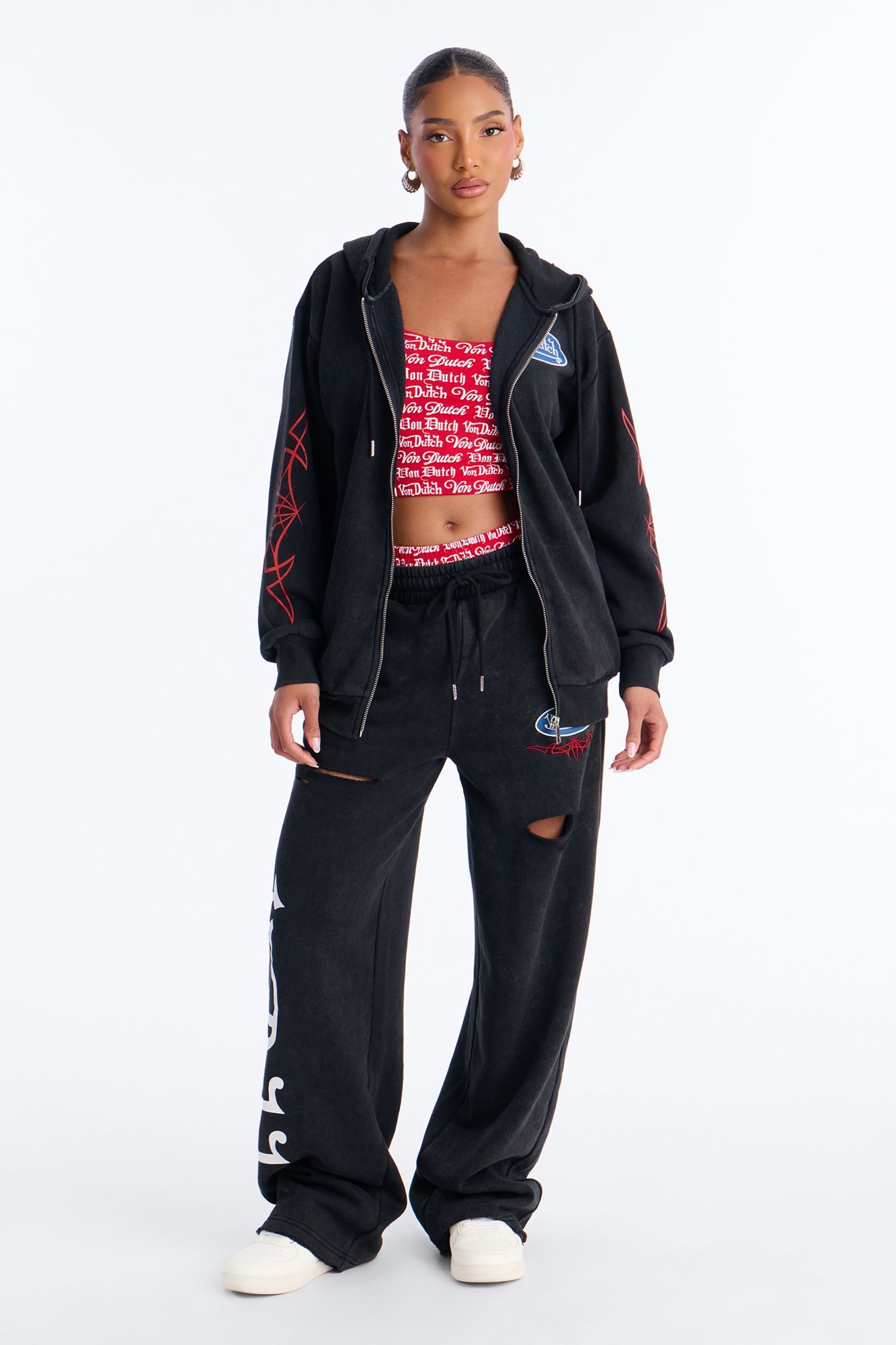 Von Dutch Logo Washed Zip Up Hoodie - Black Wash