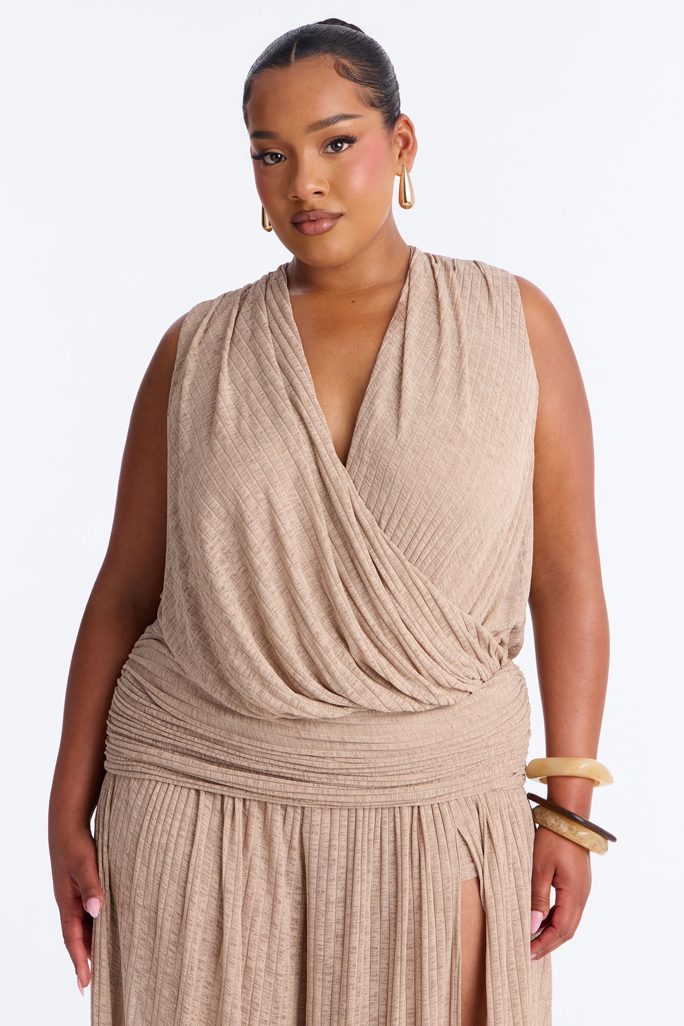 Romy Beaded Wide Leg Slit Jumpsuit - Taupe