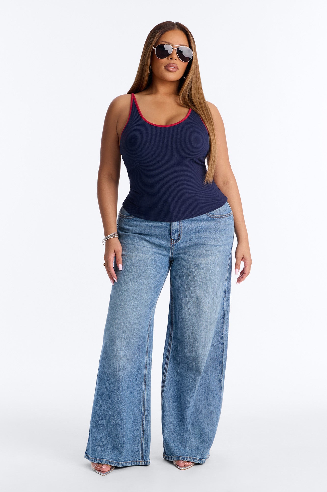 Boat Days Ribbed Padded Scoop Neck Tank Top - Navy/combo