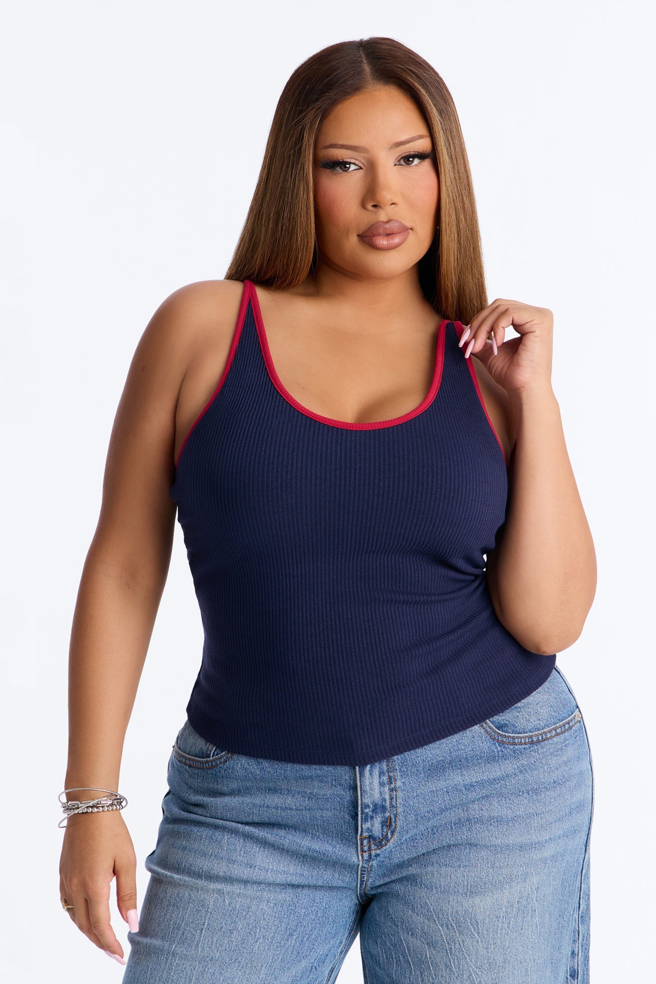 Boat Days Ribbed Padded Scoop Neck Tank Top - Navy/combo