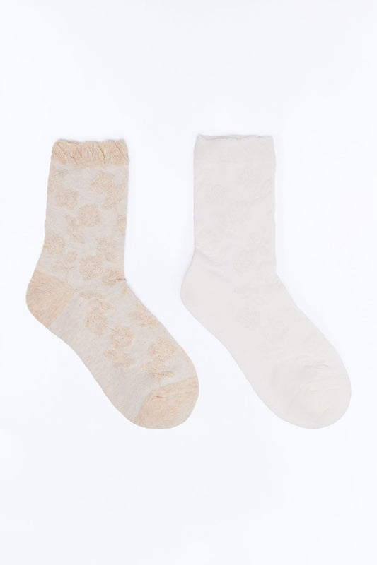 Tea Roses 2 Pack Crew Socks - Oatmeal/combo