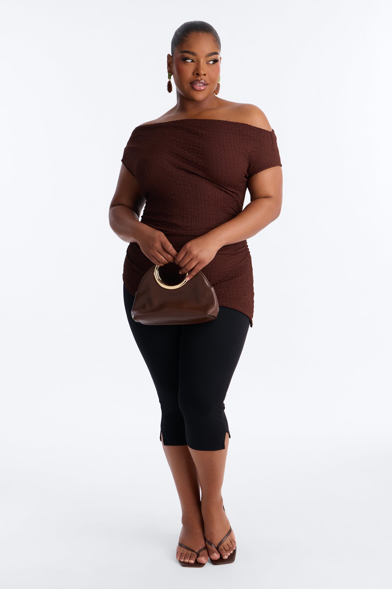 Tropical Tease Textured Off Shoulder Short Sleeve Top - Brown