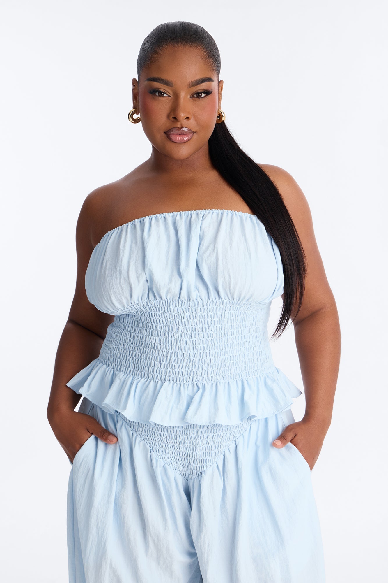 Pretty Thing Peplum Smocked Balloon Pant Set - Light Blue