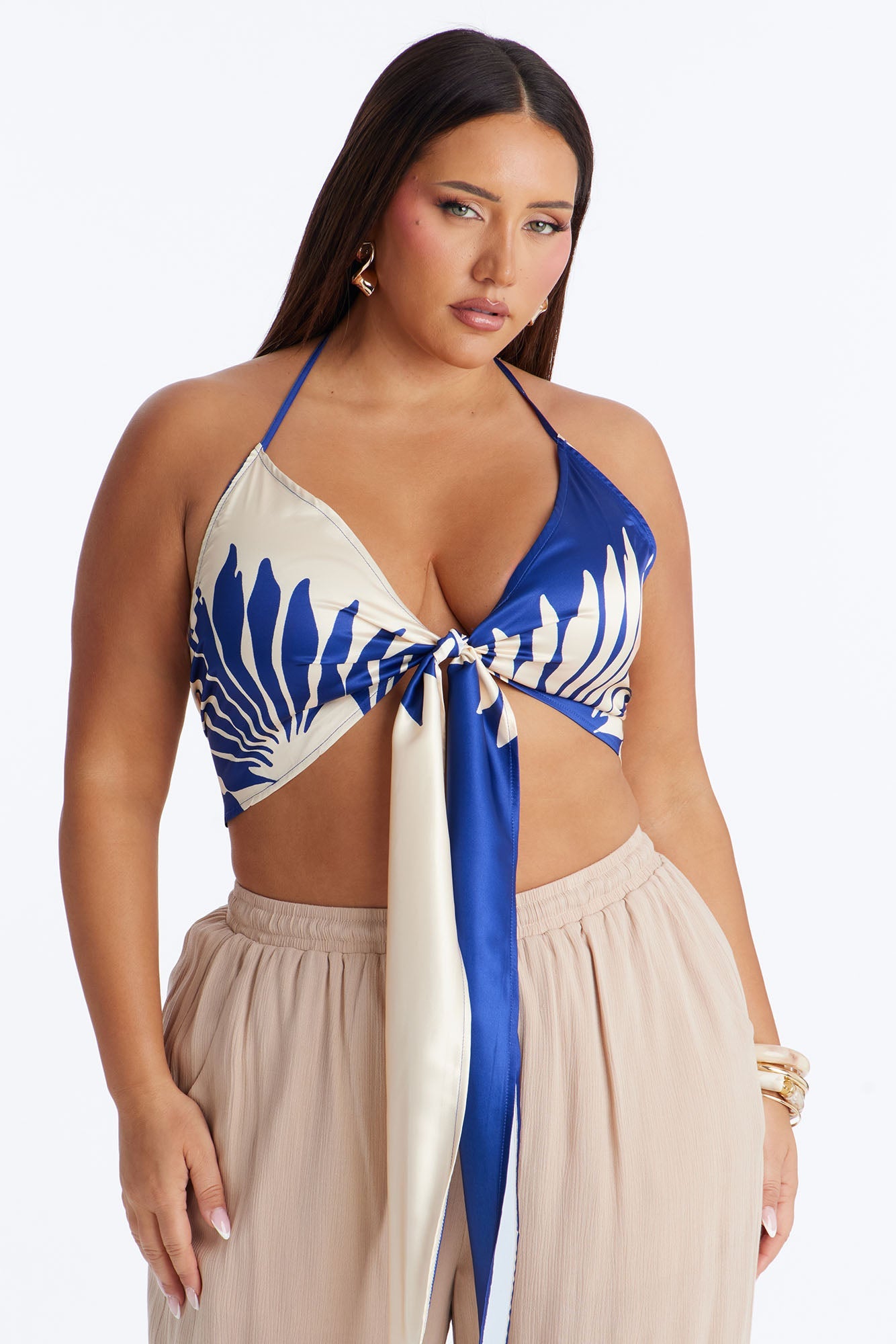 Tropical Cutie Satin Halter Top - Blue/combo