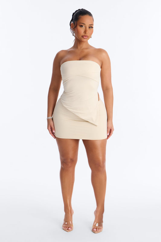 Contour Double Lined Asymmetrical Split Tube Top - Bone