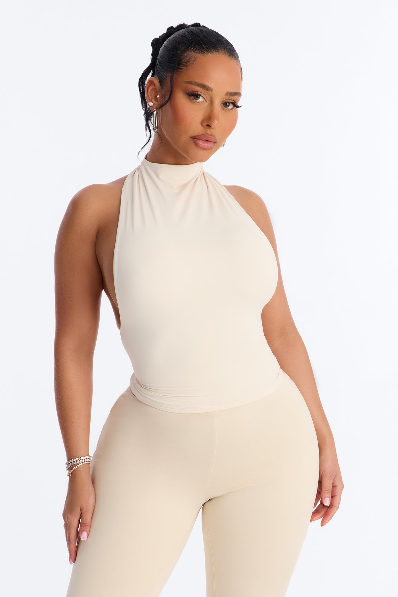 Second Skin Double Lined Mock Neck Racerback Top - Bone