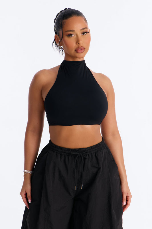 Second Skin Padded Backless Mock Neck Halter Top - Black