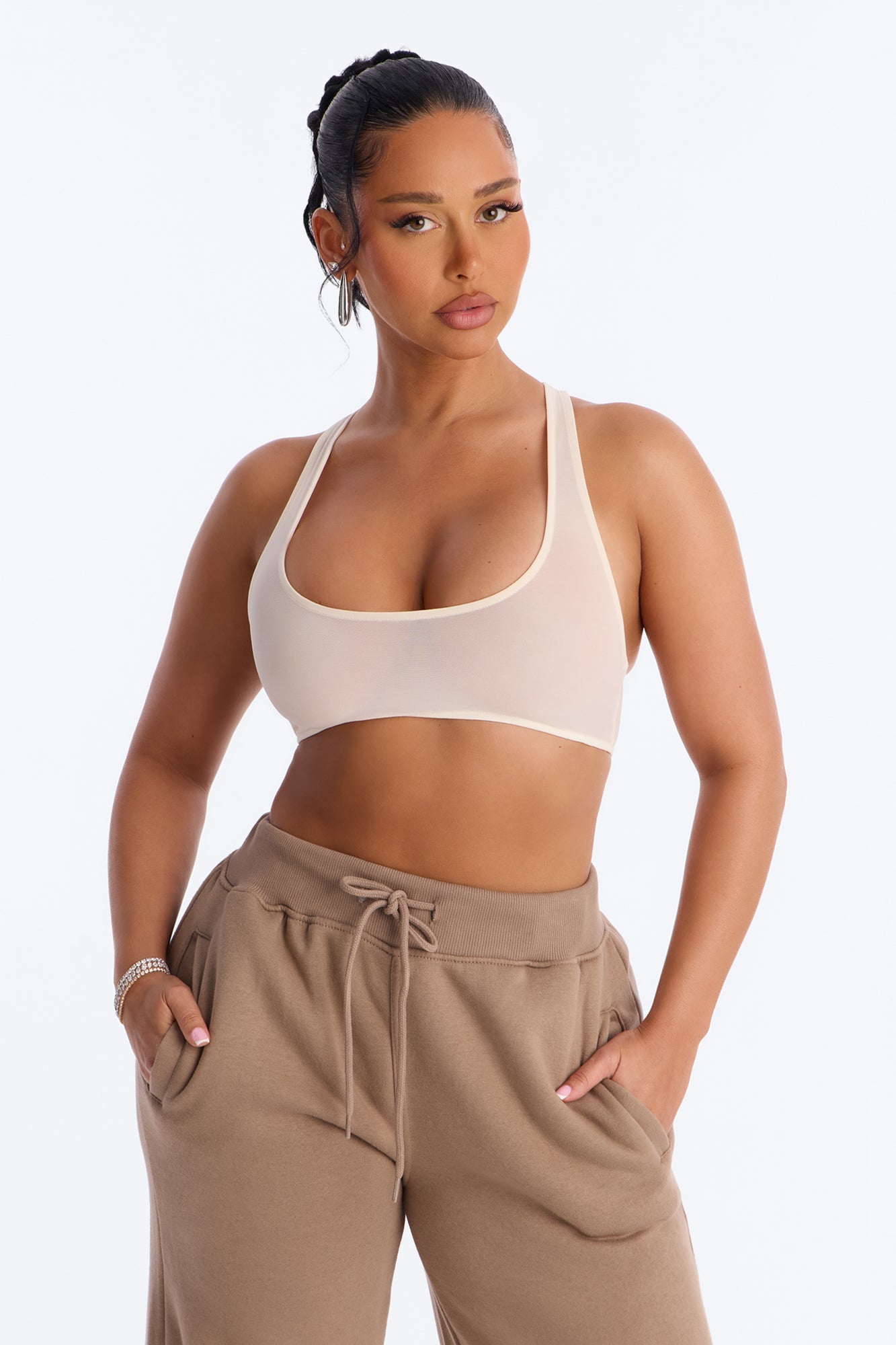 Power Mesh Racerback Bra Top - Bone
