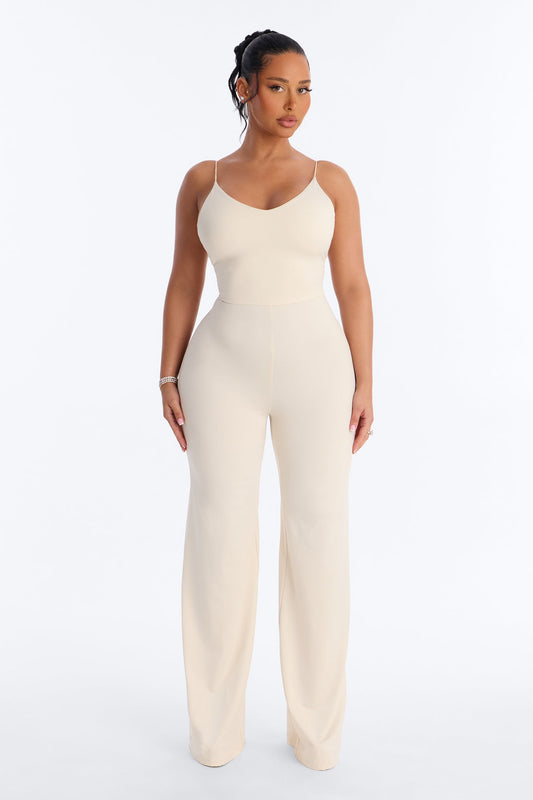 Contour Double Lined Spaghetti Strap Scoop Neck Jumpsuit - Bone