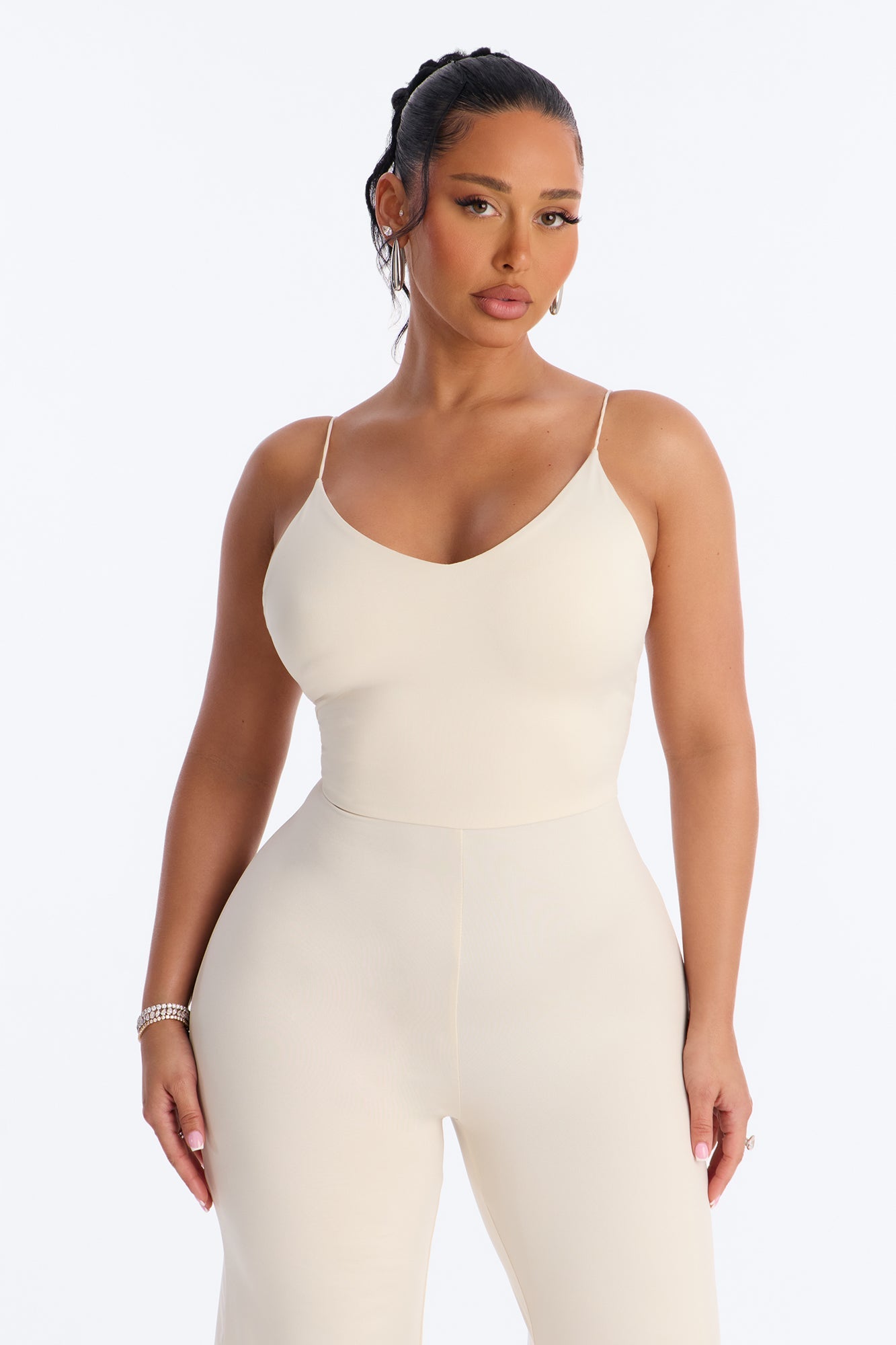 Contour Double Lined Spaghetti Strap Scoop Neck Jumpsuit - Bone