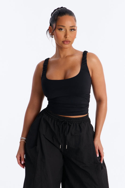 Second Skin Double Lined Scoop Neck Ruched Sleeveless Top - Black