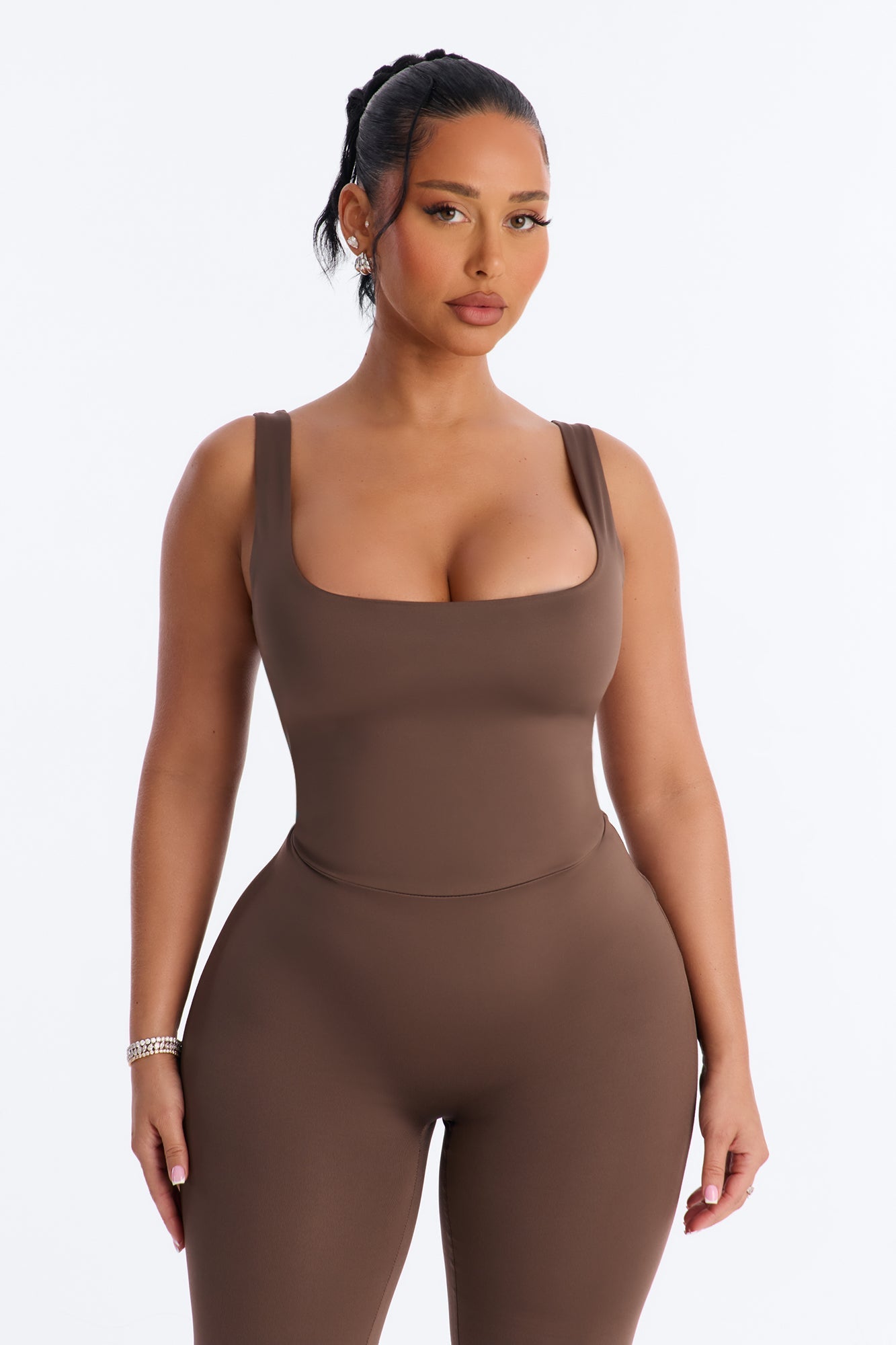 Contour Double Lined Sleeveless Square Neck Jumpsuit - Brown