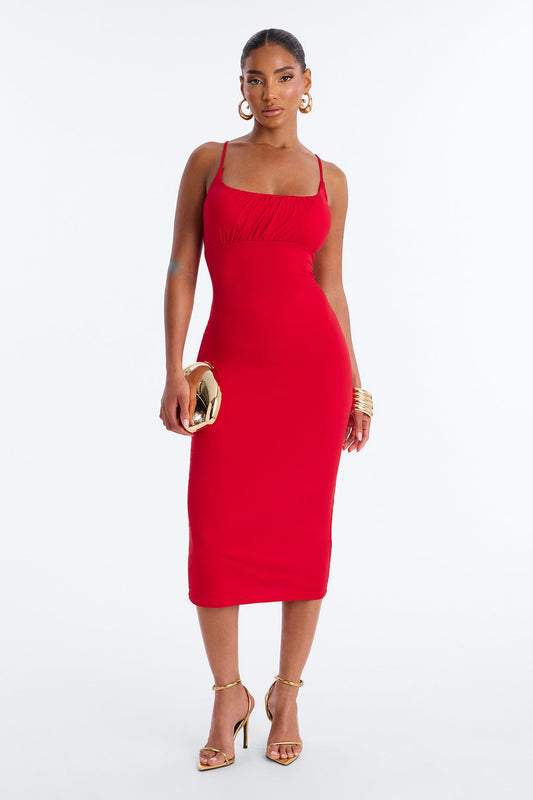 Alessia Ruched Midi Dress - Red