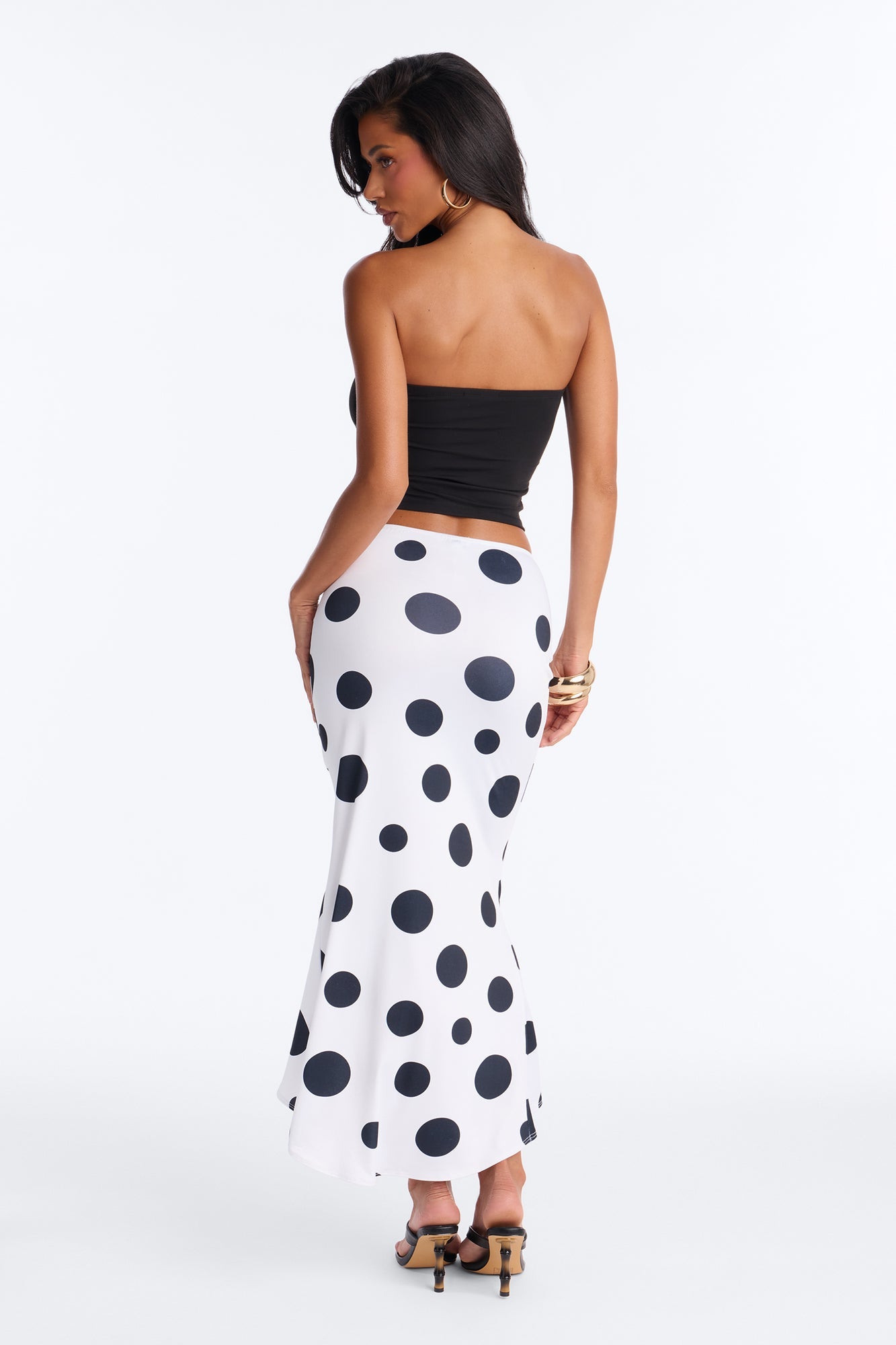 Mila Ruched Polka Dot Midi Skirt - White/Black
