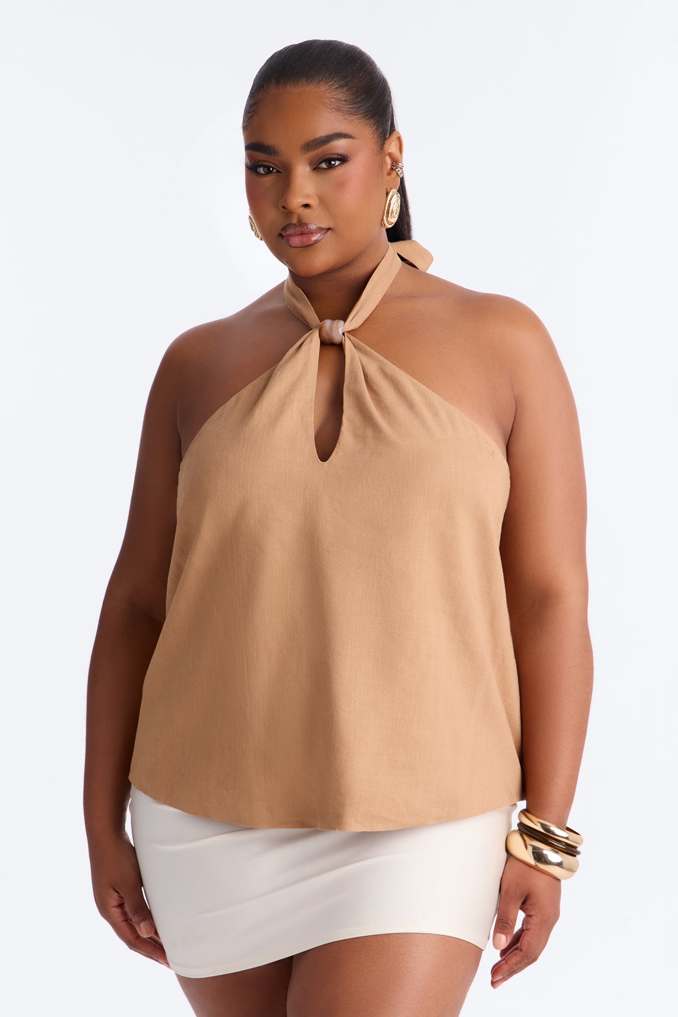 Iced Coffee Beaded Linen Halter Top - Camel