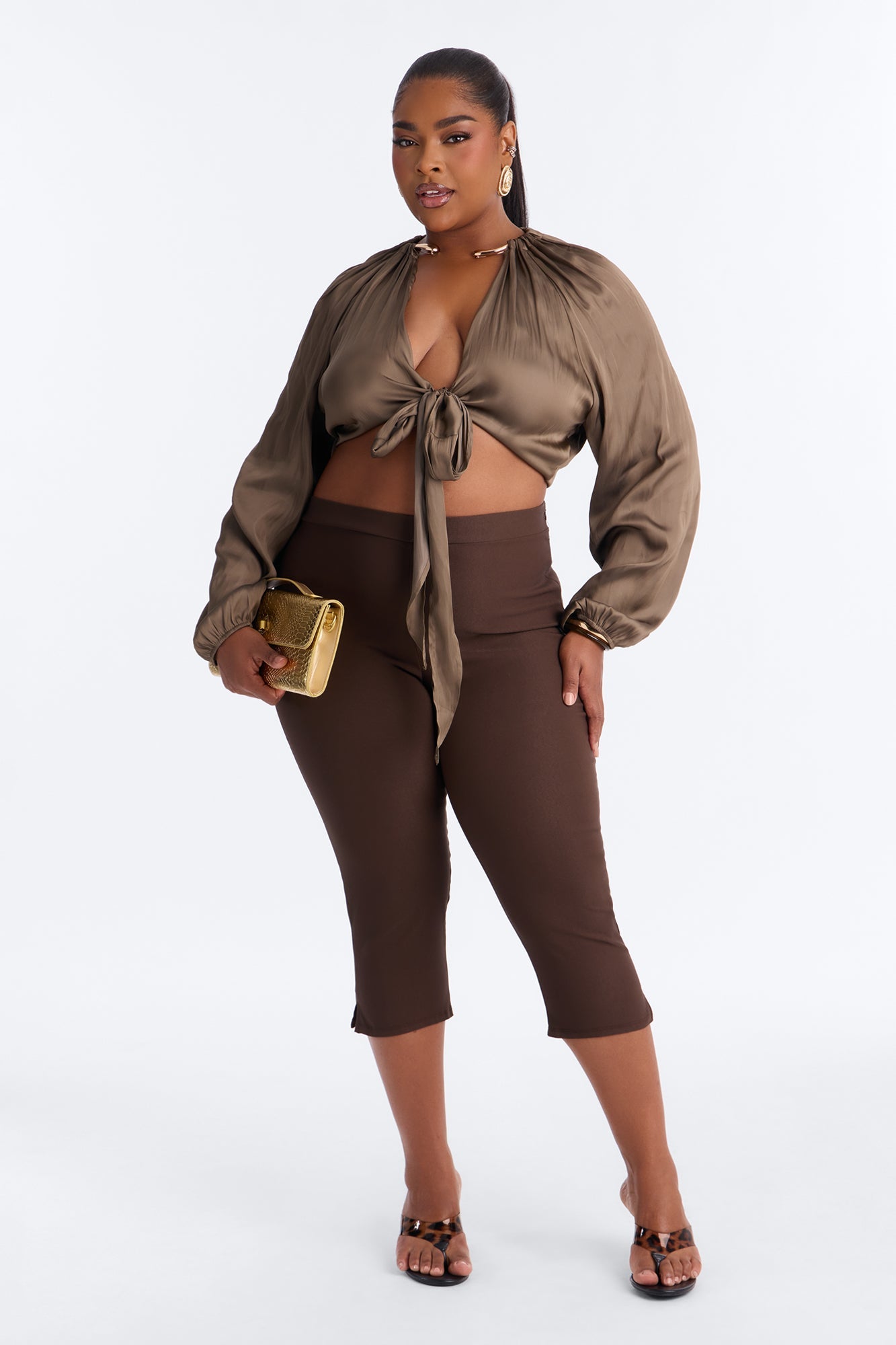 Azaria Hardware Neckline Satin Blouse - Olive