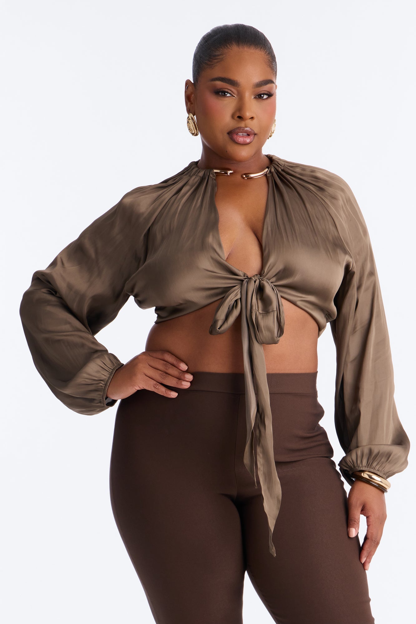Azaria Hardware Neckline Satin Blouse - Olive