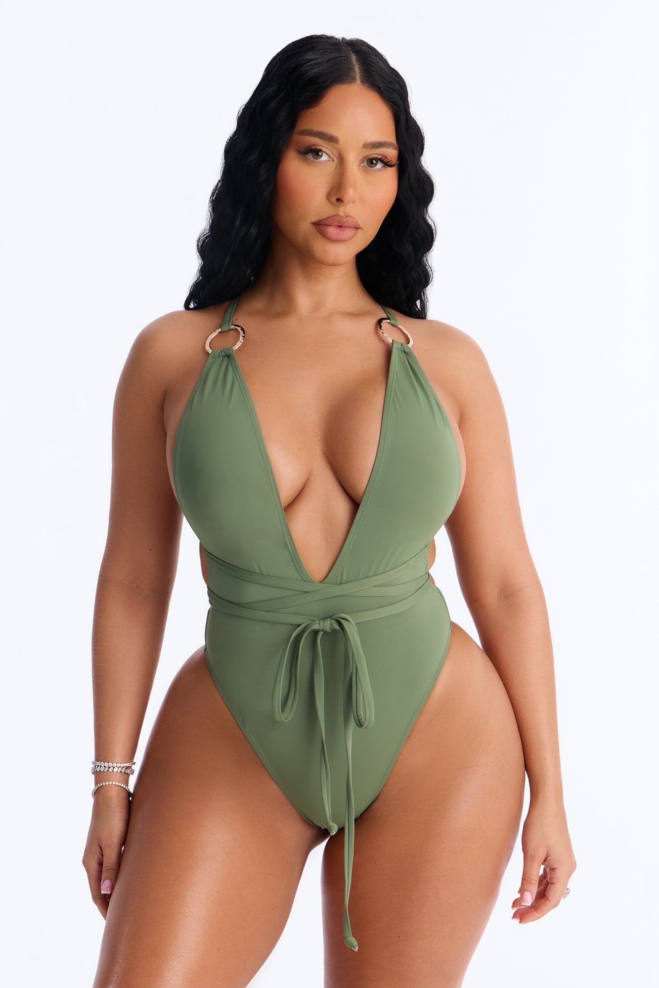 Deep In The Shore Strappy 1 Piece Plunge Swimsuit - Green