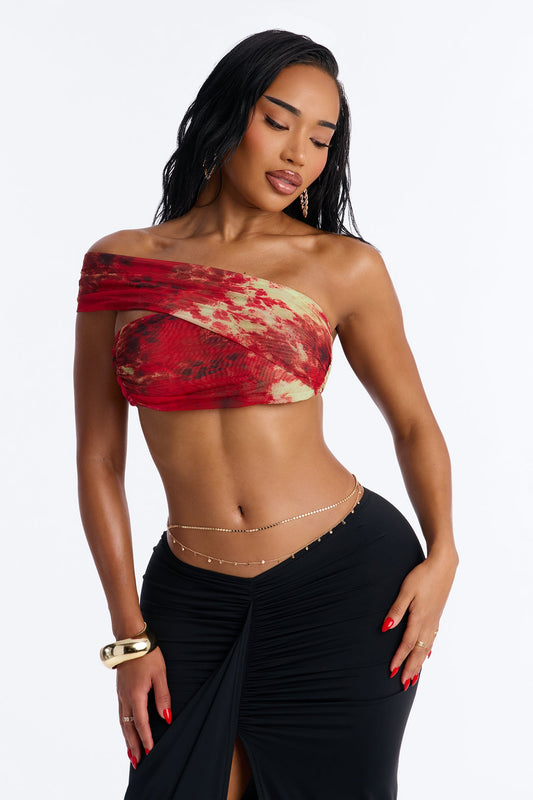 Alina Mesh Off Shoulder Ruched Cropped Top - Red/combo