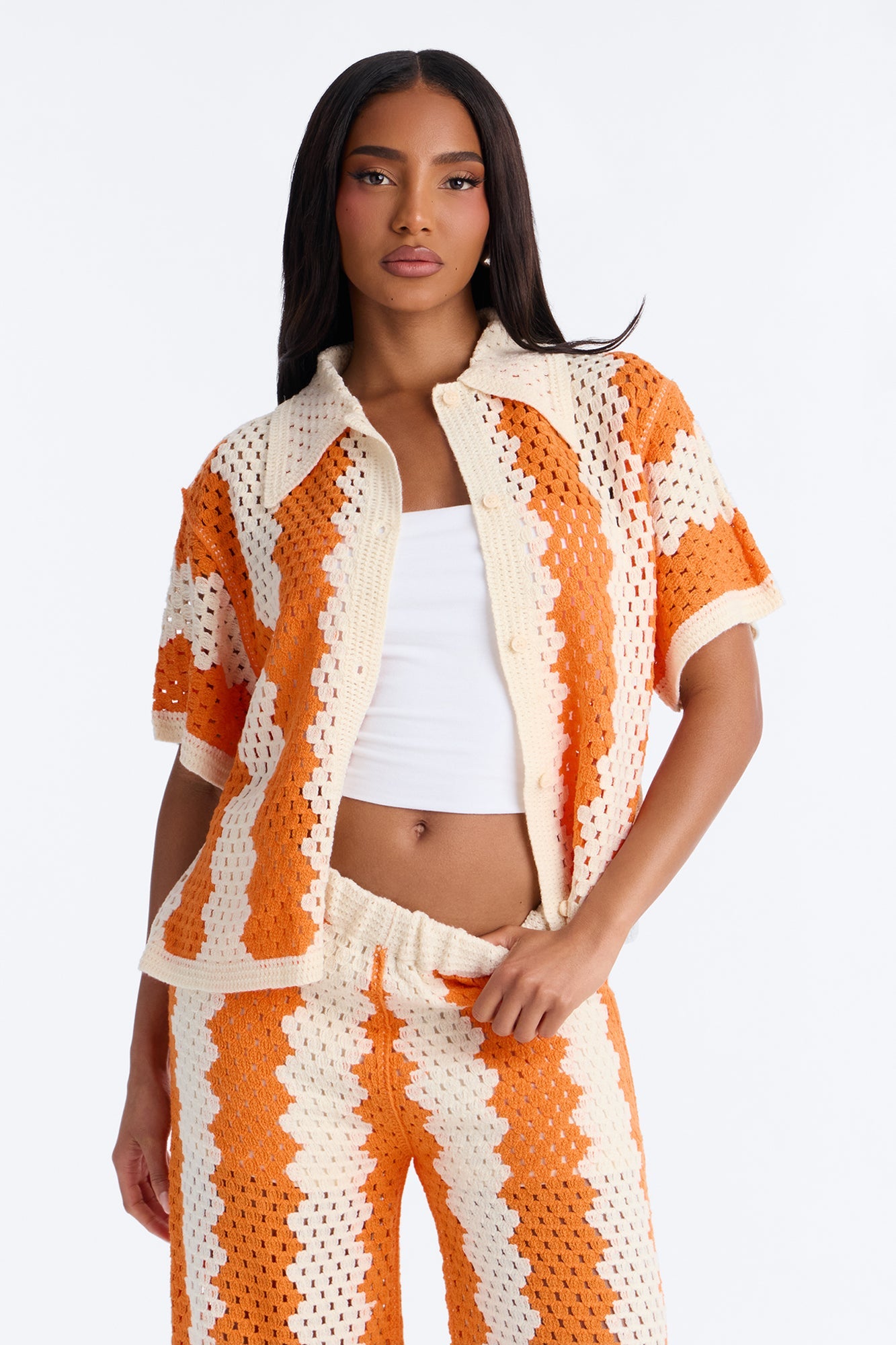 Shoreline Symphony Crochet Pant Set - Orange/combo