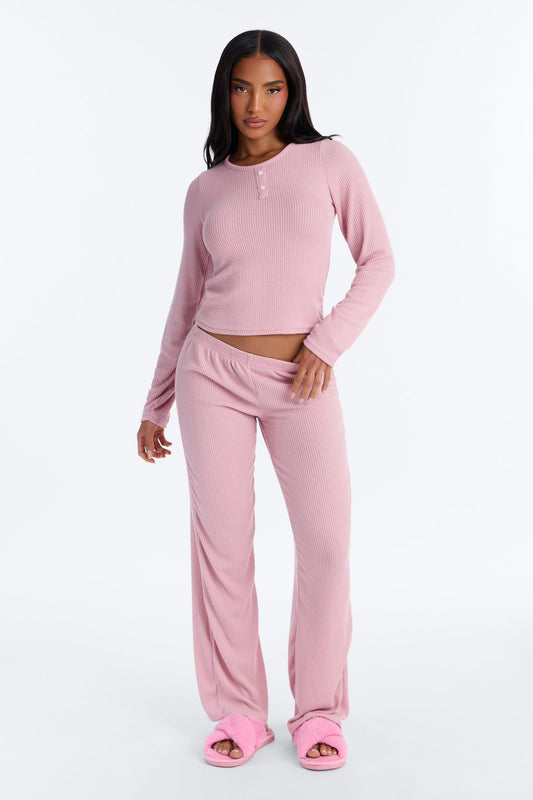 Slumber Haven Ribbed Long Sleeve PJ Pant Set - Mauve