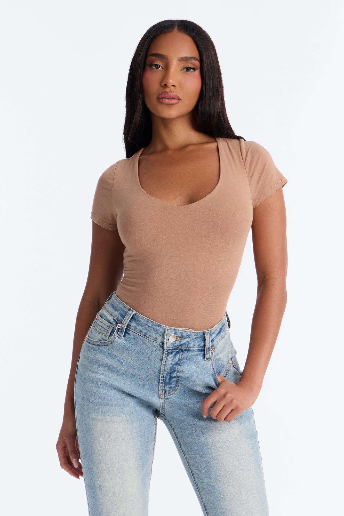 Marion Double Lined V Neck Bodysuit - Mocha