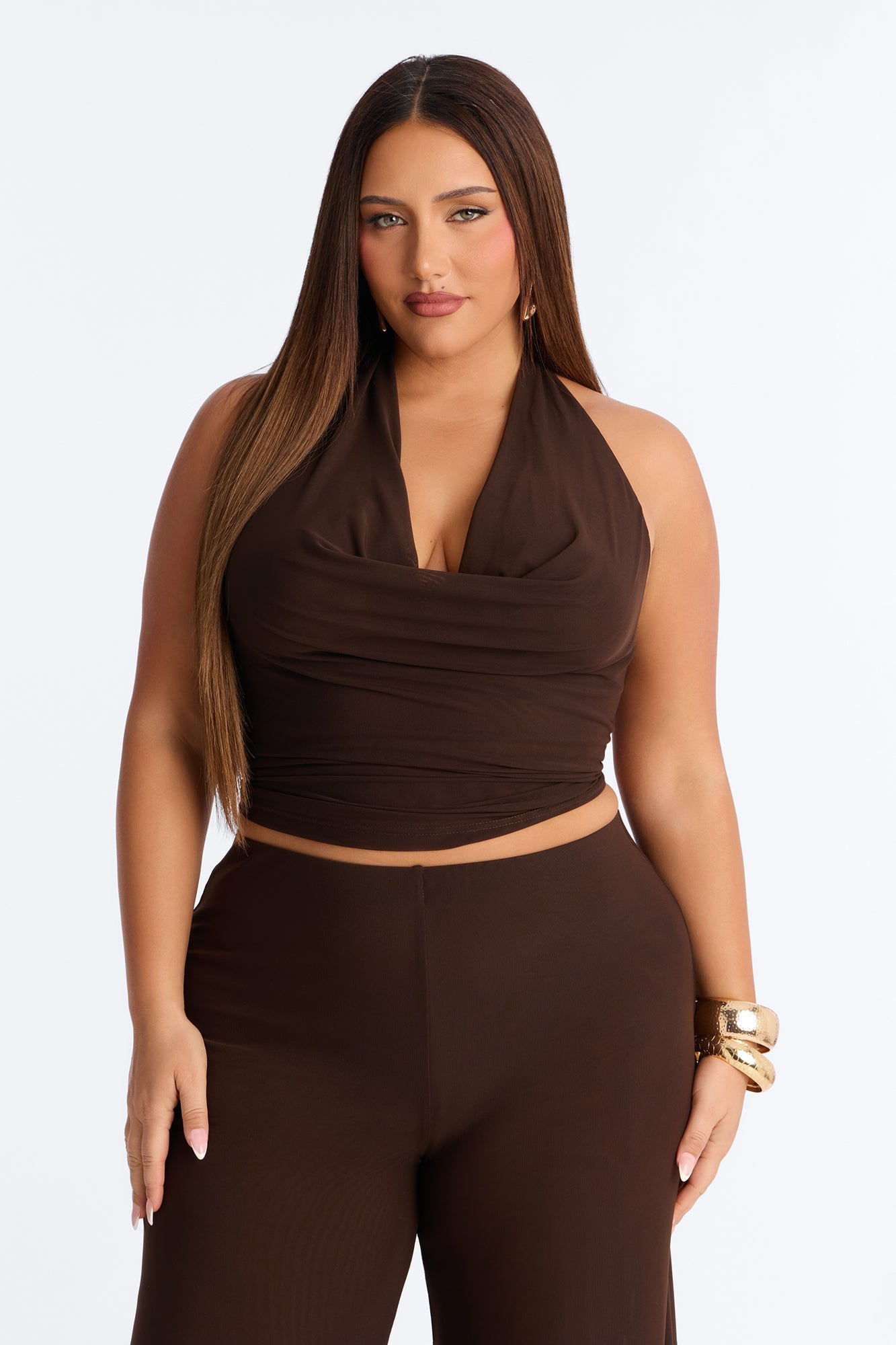 After Dark Behavior Mesh Halter Pant Set - Chocolate