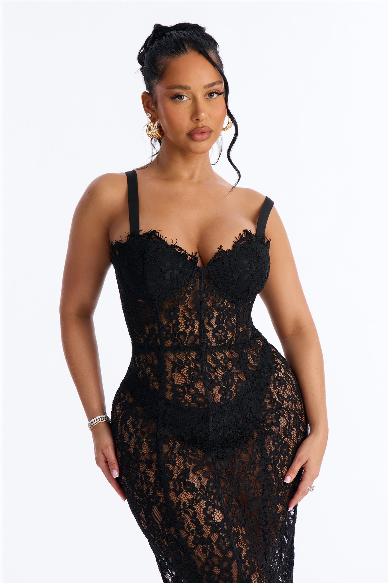 Kara Corset Lace Midi Dress - Black