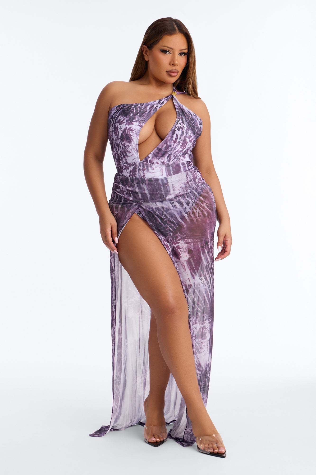 Olivia One Shoulder Hardware Asymmetrical 3 Piece Bikini & Cover Up Sunsuit - Purple