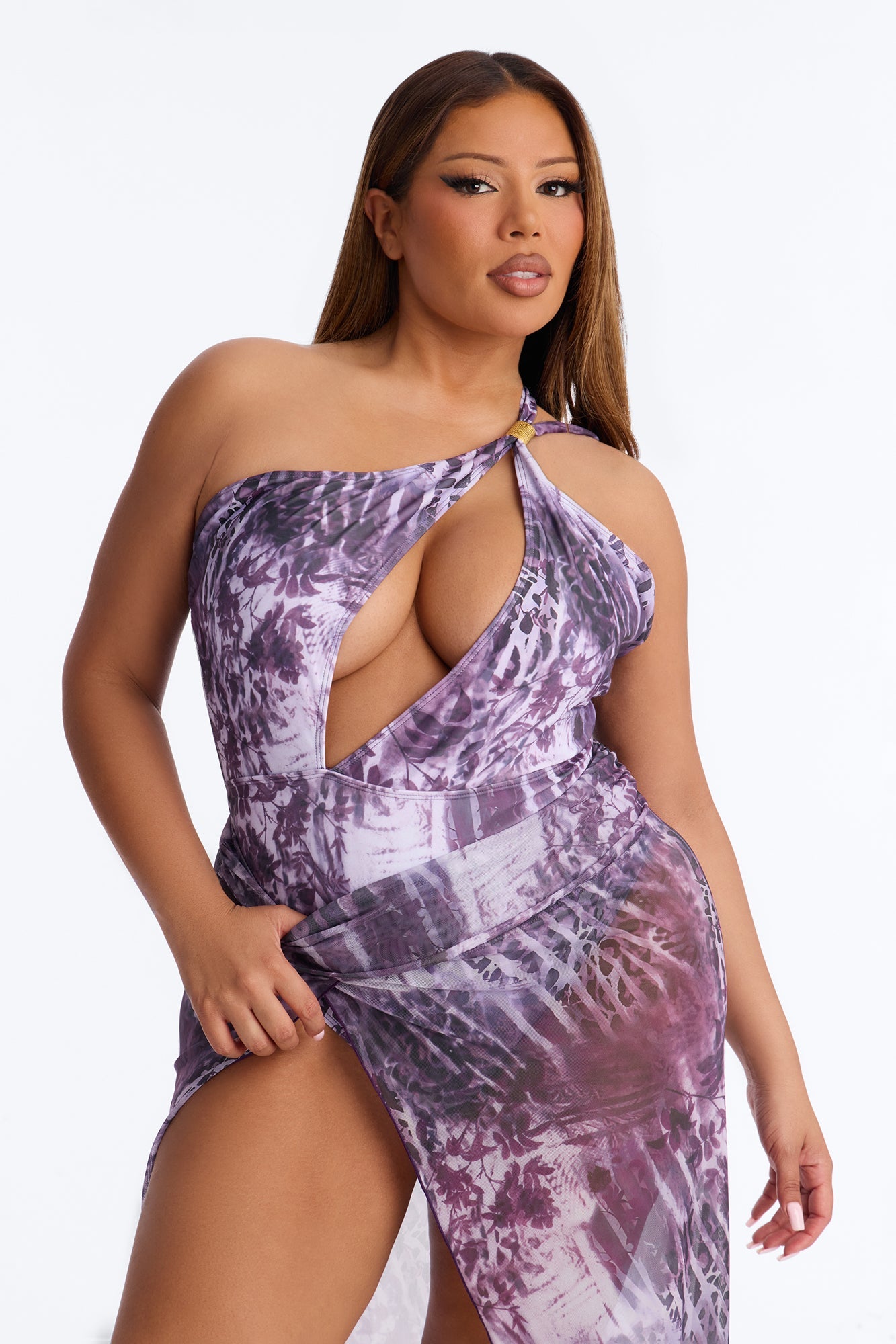 Olivia One Shoulder Hardware Asymmetrical 3 Piece Bikini & Cover Up Sunsuit - Purple