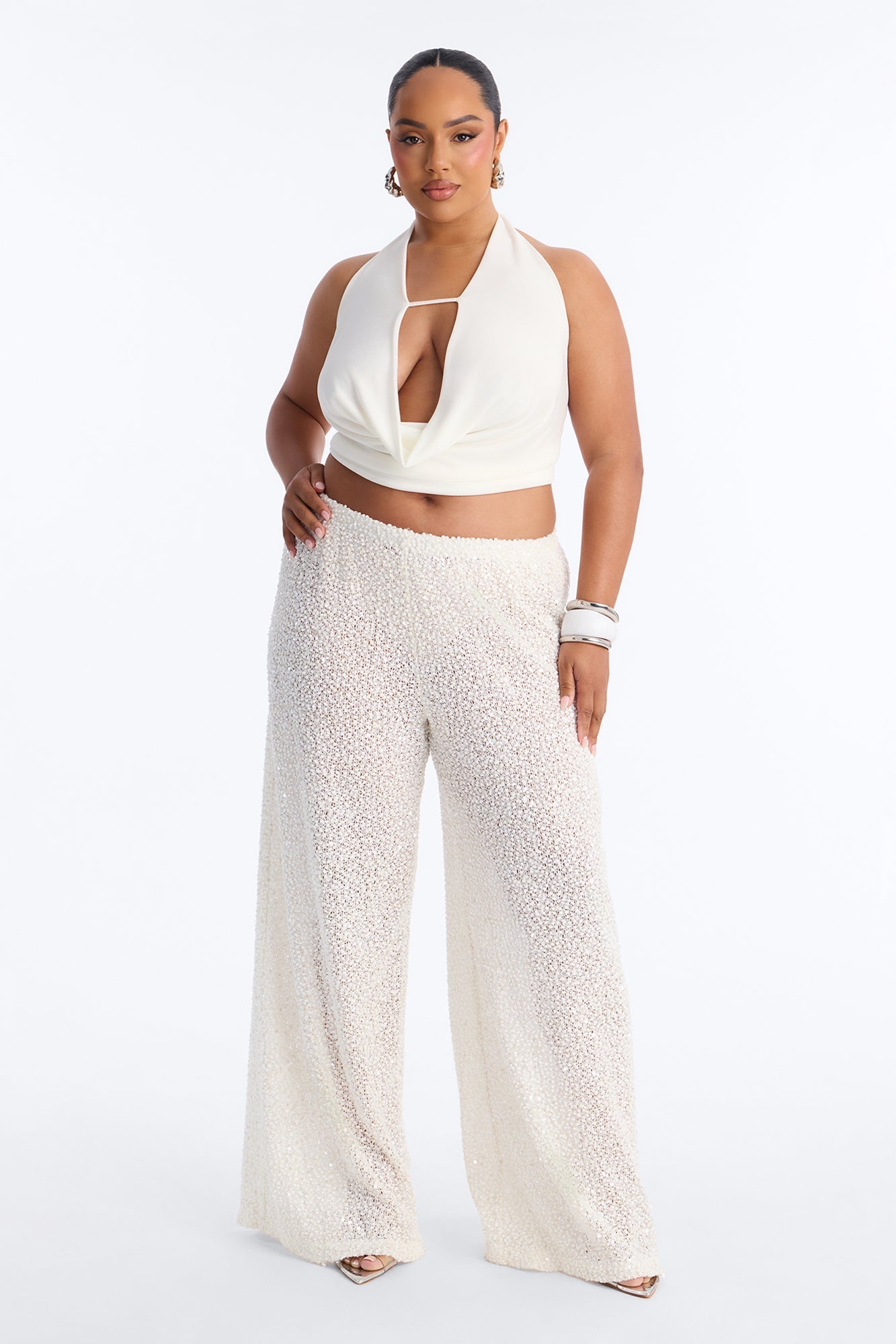 Azalea Low Rise Sequin Crochet Wide Leg Pant 33″ - White