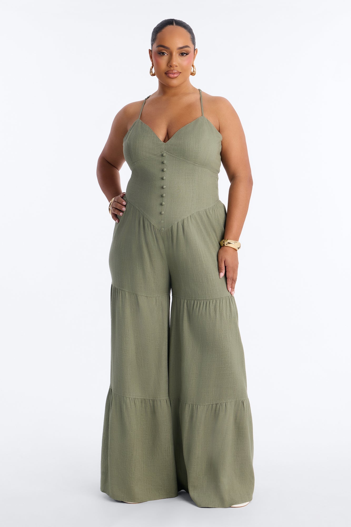 Belle Denim Tiered Wide Leg Jumpsuit - Olive