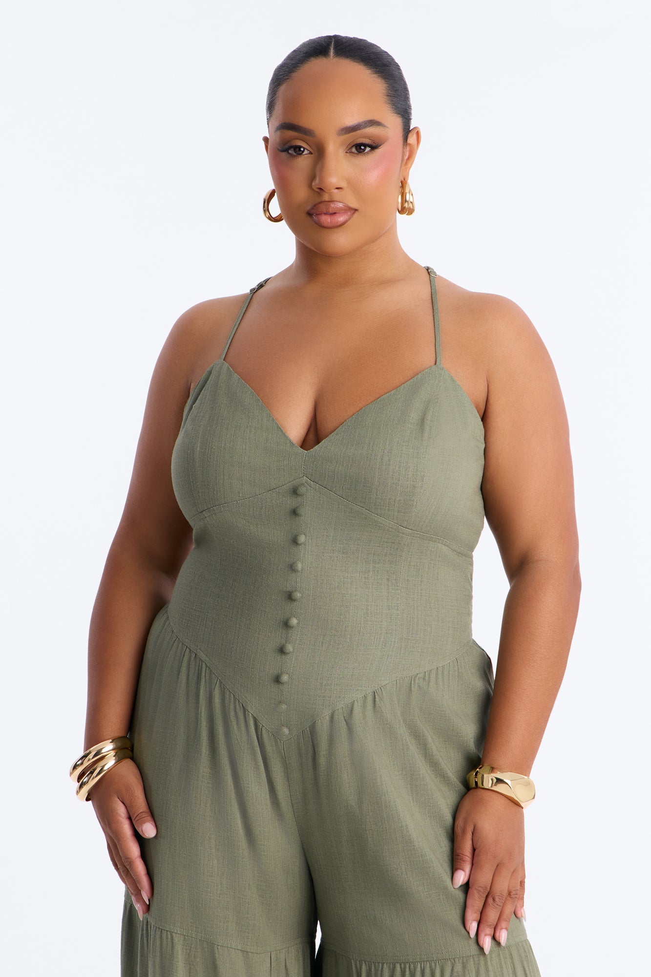 Belle Denim Tiered Wide Leg Jumpsuit - Olive