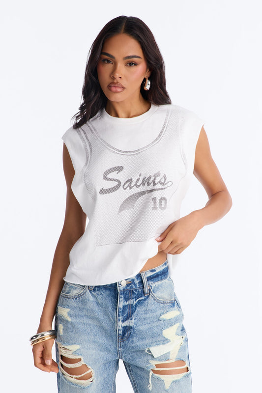 Saints Crop Muscle Tank - White