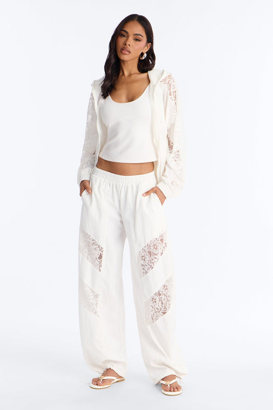 Sweet Addiction Lace Trim Windbreaker Pant - White