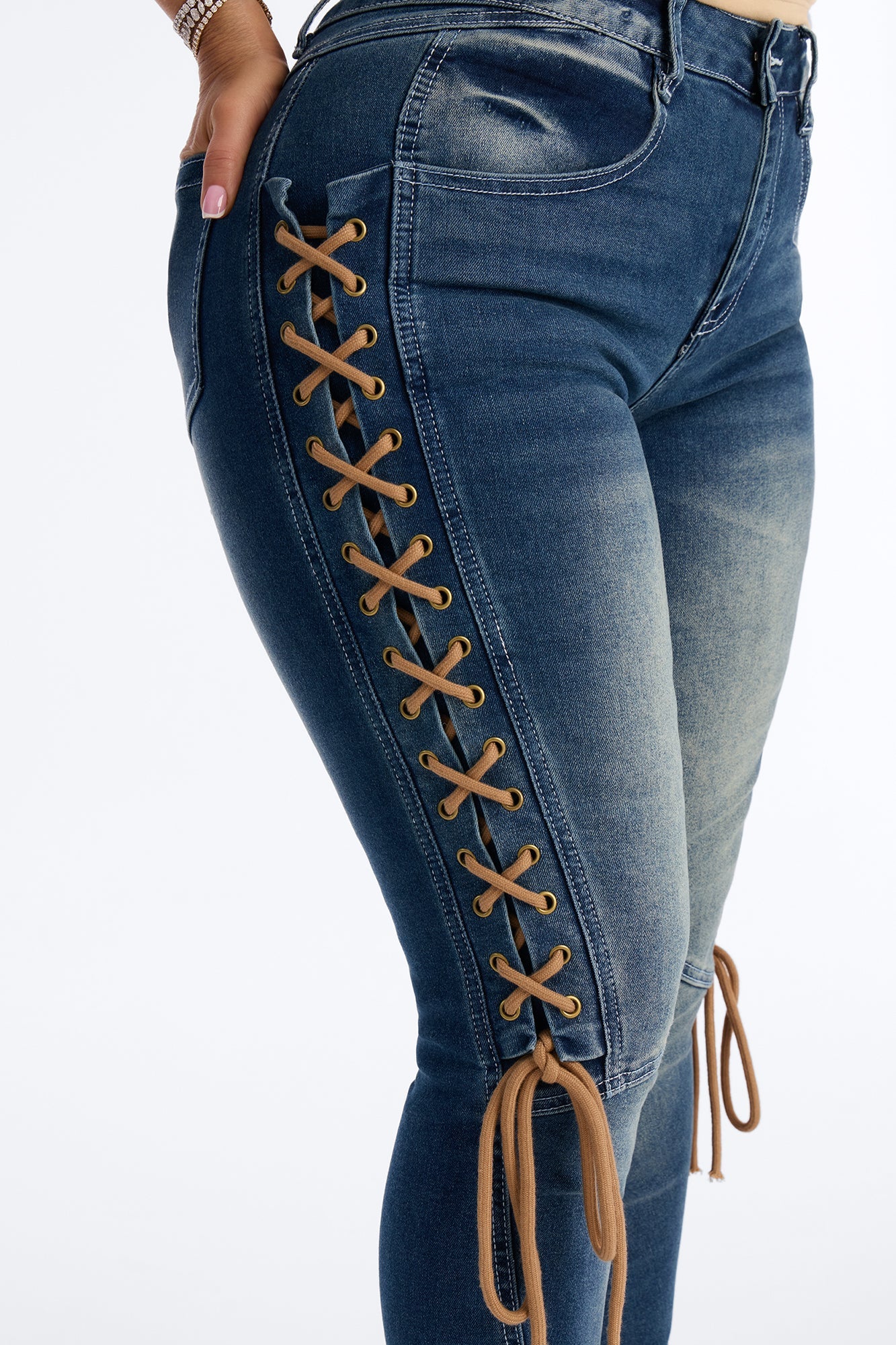 Shadow Siren Lace Up Slim Straight Leg Jeans - Dark Wash