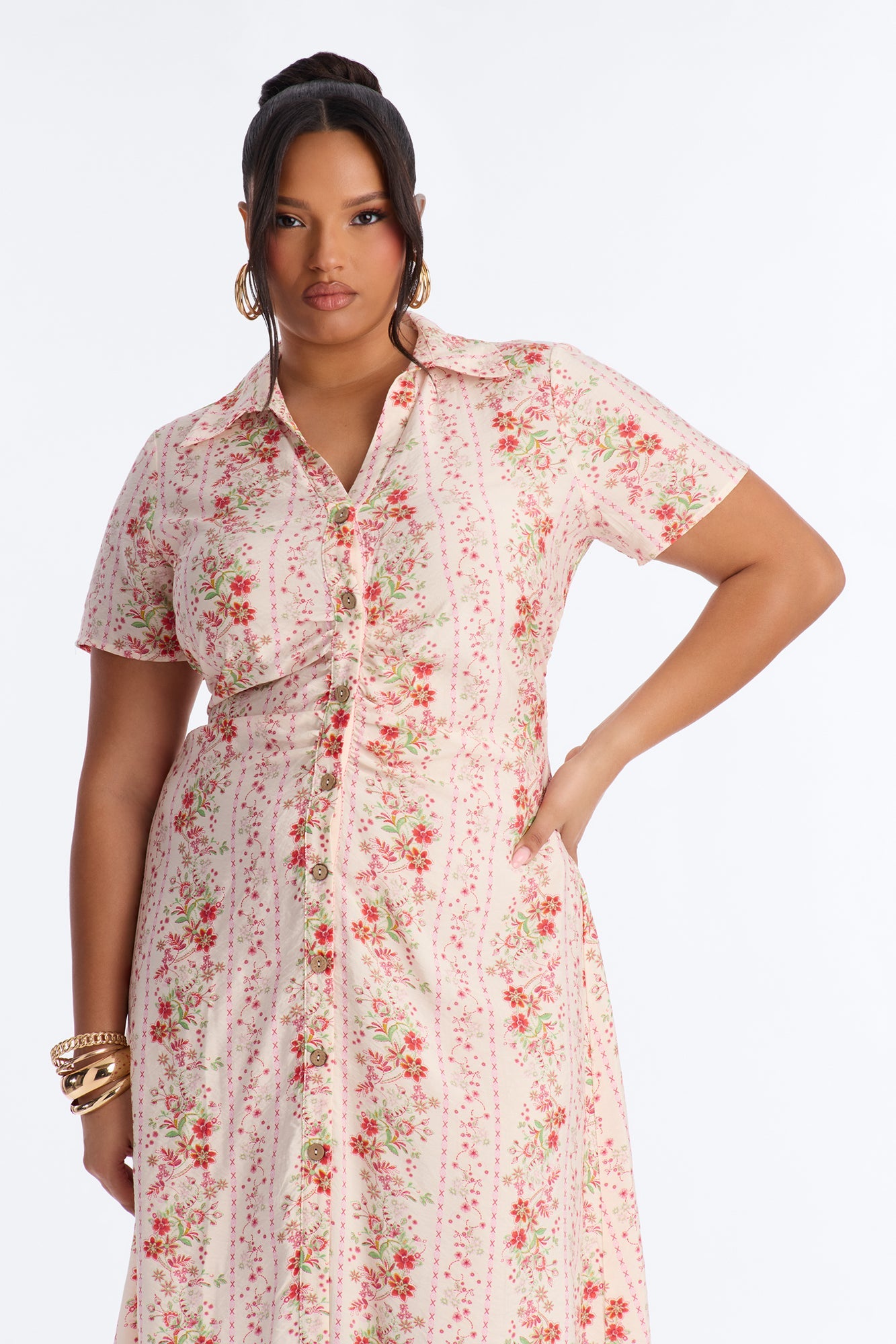 Selene Ruched Floral Midi Shirt Dress - Pink/combo