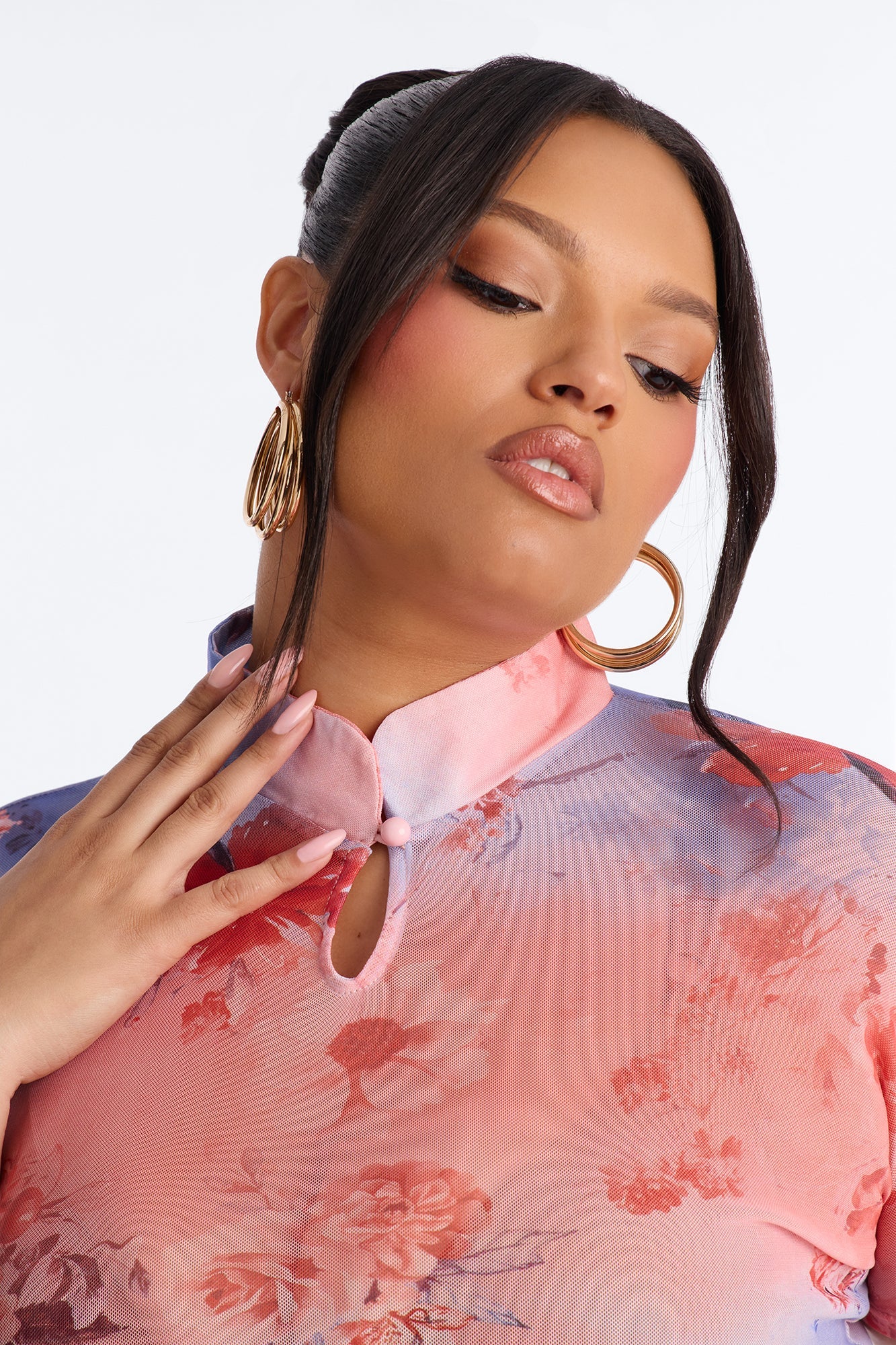 Daytime Blossom Mesh Mock Neck Short Sleeve Top - Pink/combo