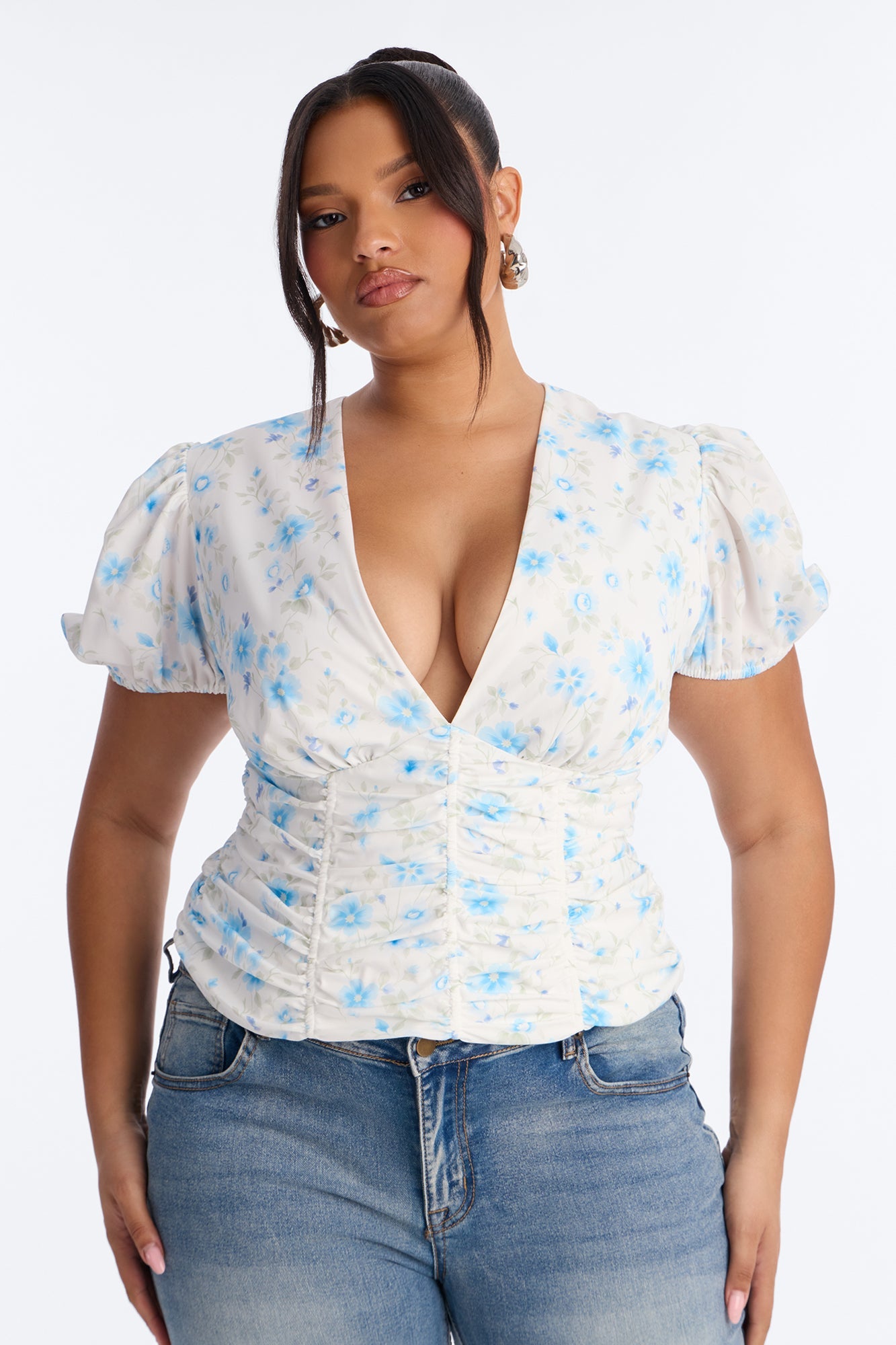 Arlene Puff Sleeved Floral Chiffon Top - Blue/combo
