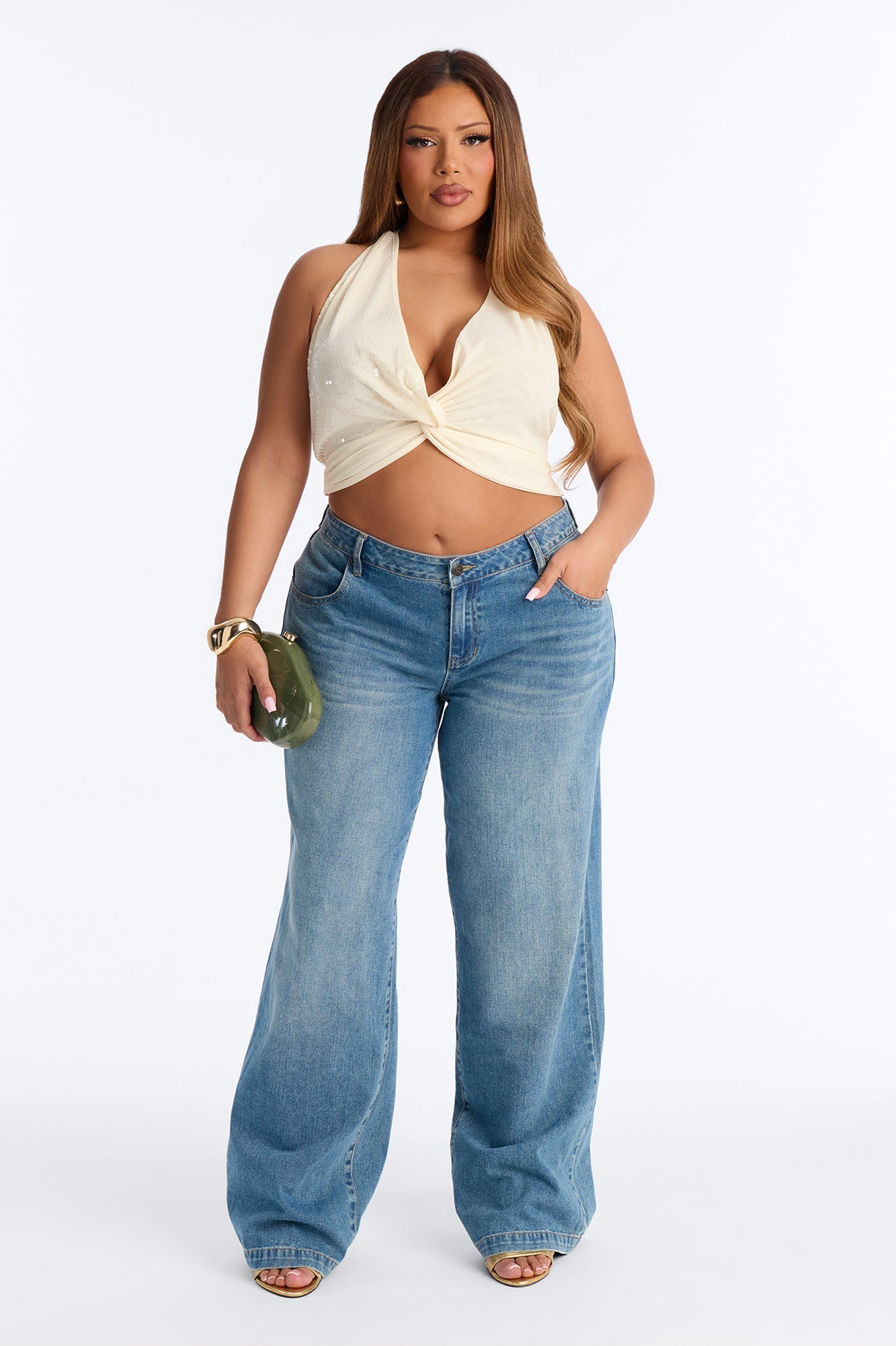 Dani Deep V-Neck Mesh Sequin Halter Top - Cream