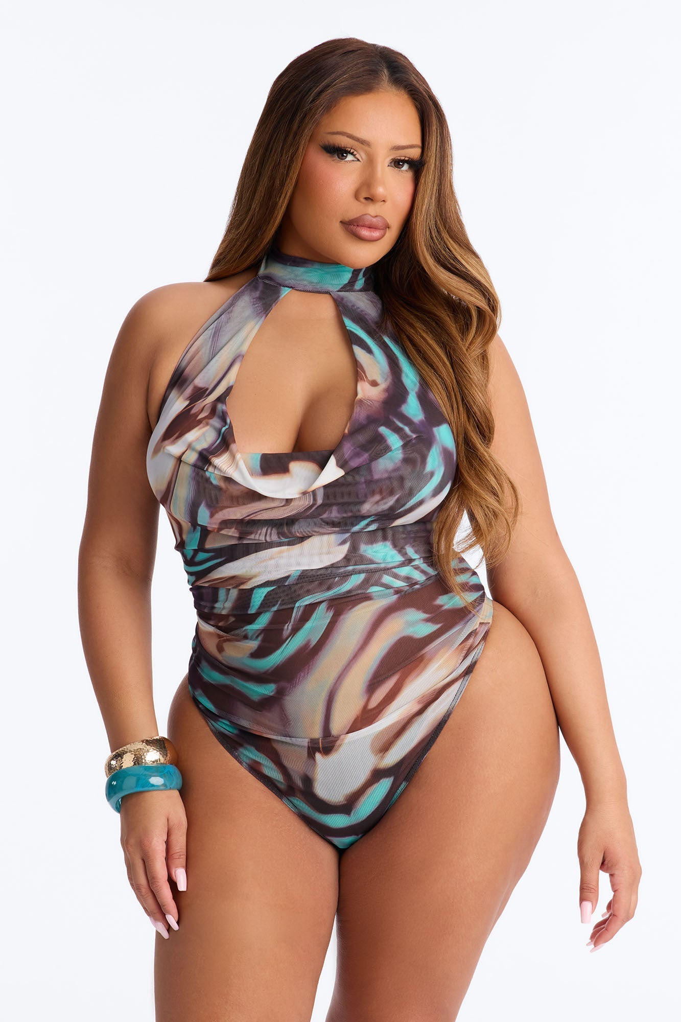 Destiny Mock Neck Cut Out Cowl Halter Bodysuit - Multi Color
