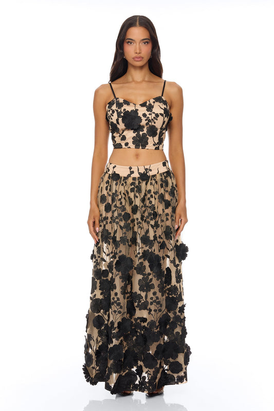Blossom Skies Floral Embroidered Mesh Skirt Set - Black