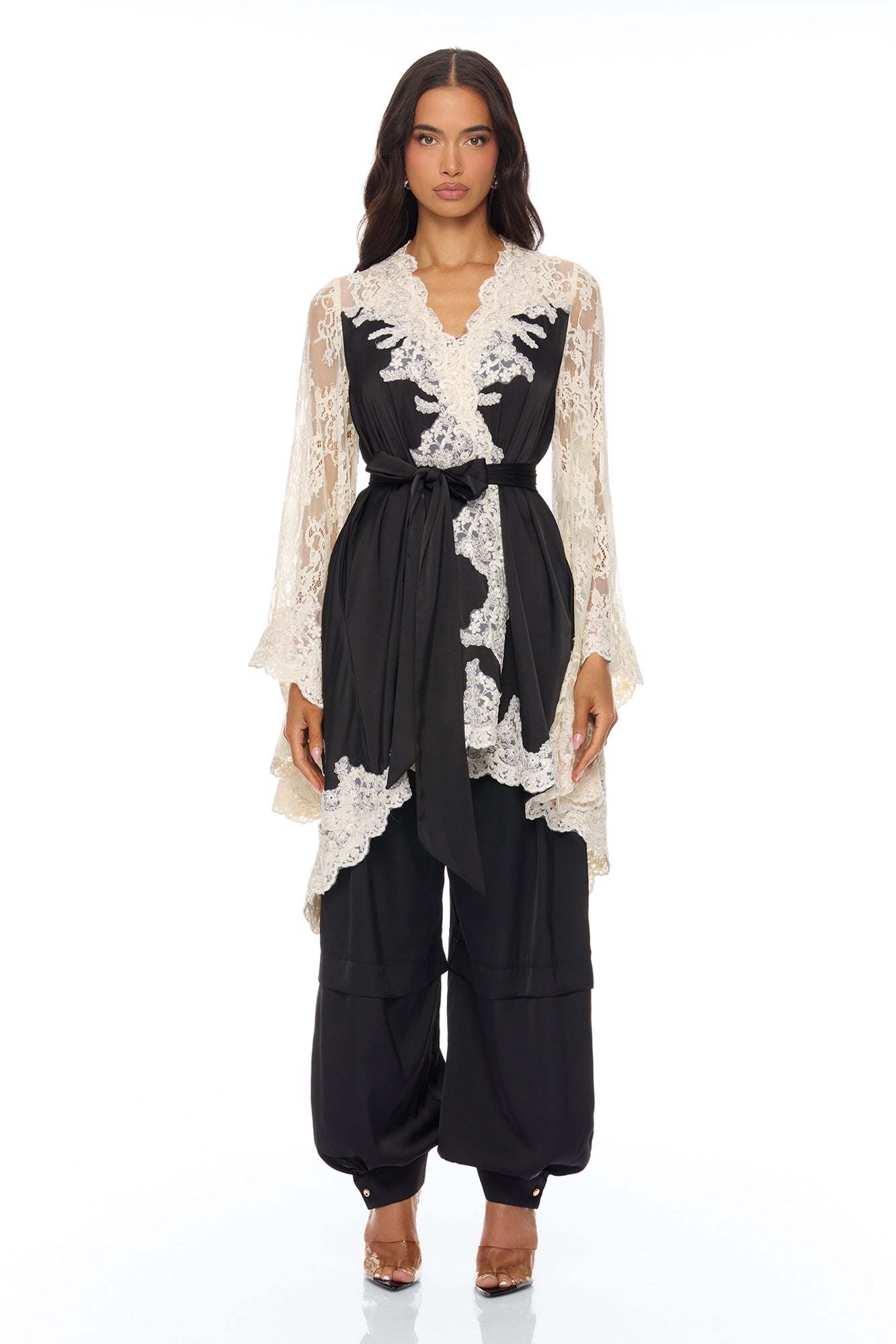Cathryn Lace Satin Kimono - Black