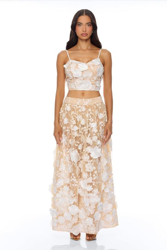 Blossom Skies Floral Embroidered Mesh Skirt Set - Cream