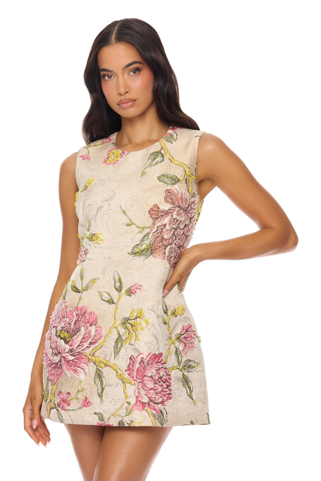 Riannon Jacquard Embellished Mini Dress - Taupe