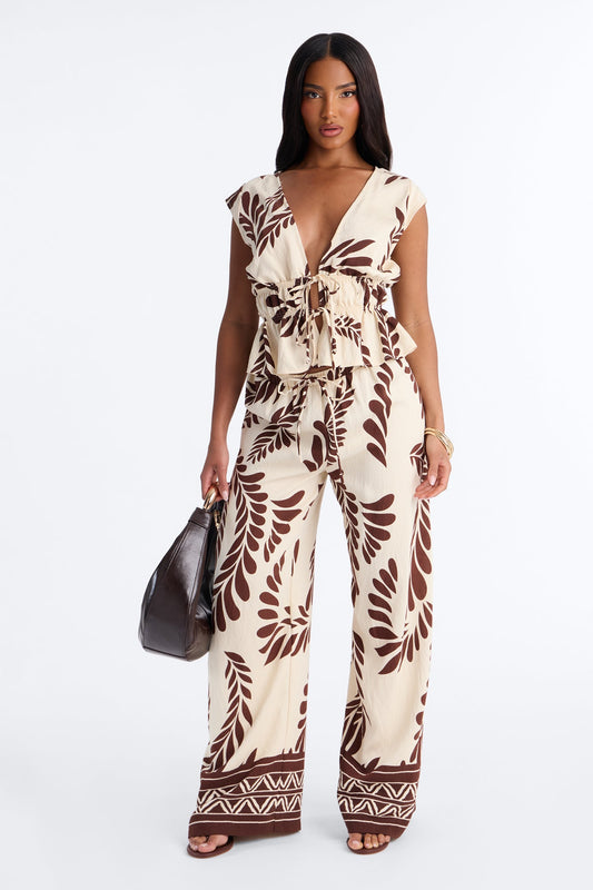 Soriana Linen Floral Pant Set - Brown Combo