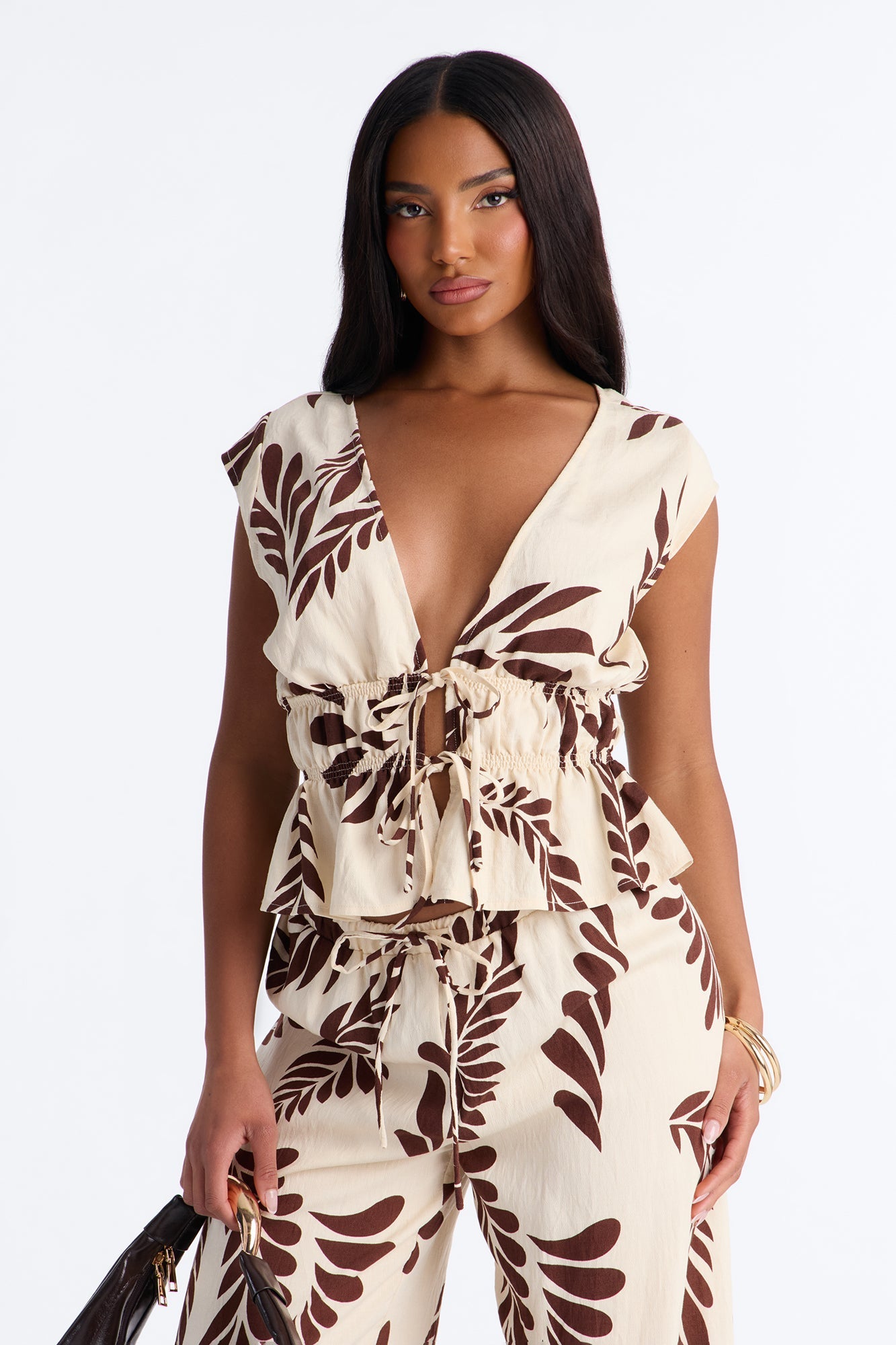 Soriana Linen Floral Pant Set - Brown Combo