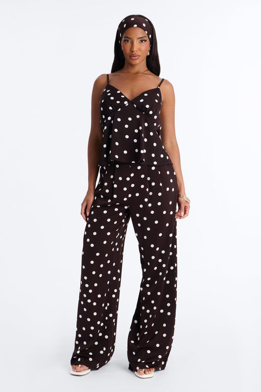 Monique Satin Polka Dot 3 Piece Pant Set - Brown Combo